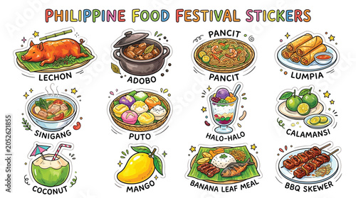Quadro su tela Collection of Philippine Food Festival Stickers featuring popular dishes like Lechon, Adobo, Pancit, Lumpia, and Halo-Halo