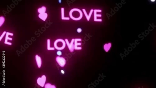 Glowing Pink Love Text and Hearts on Black Background 2K 60 FPS