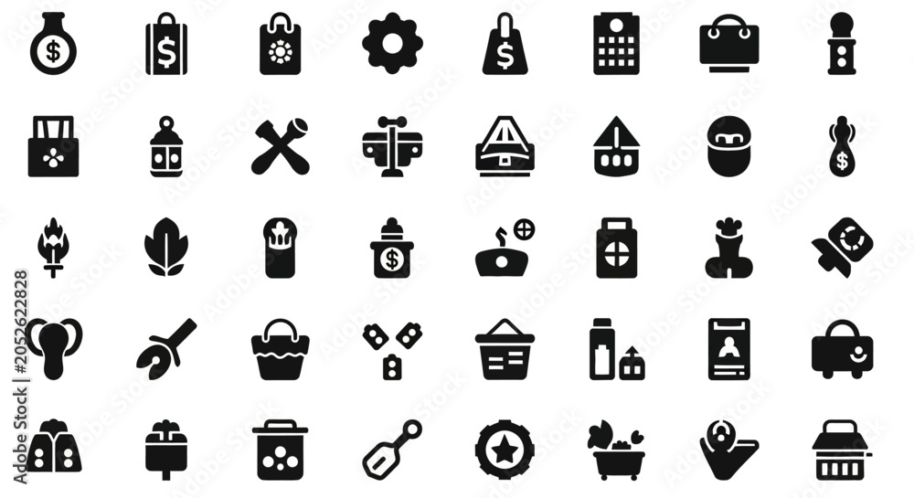 Fototapeta premium Various icons of objects and symbols are displayed on a plain surface.