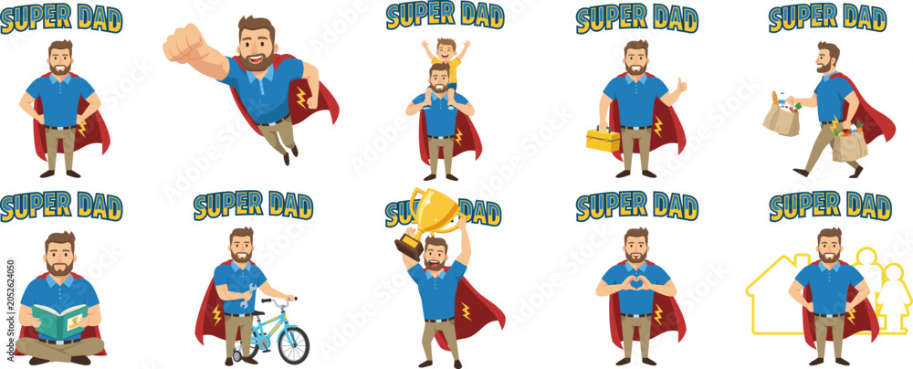 Fototapeta premium Father with Superhero Cape, Dad Holding Child, Carrying Groceries, Reading Book, Riding Bike, Holding Trophy, Presenting House, Fatherhood Celebration