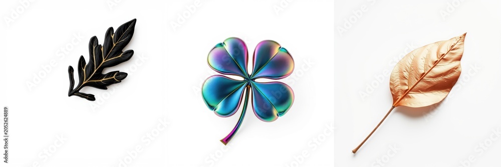 Obraz premium Three botanical elements displayed. Dark foliage, iridescent clover, golden leaf. Minimalist composition, clean background, vibrant colors.
