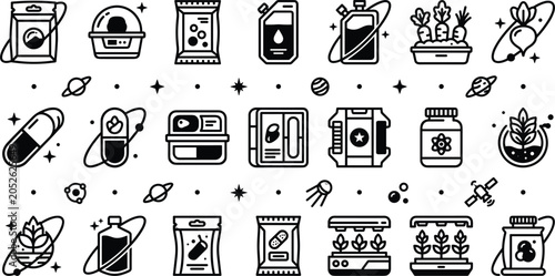 Schilderij op canvas Space farming and astrobiology agriculture line icons set featuring futuristic h