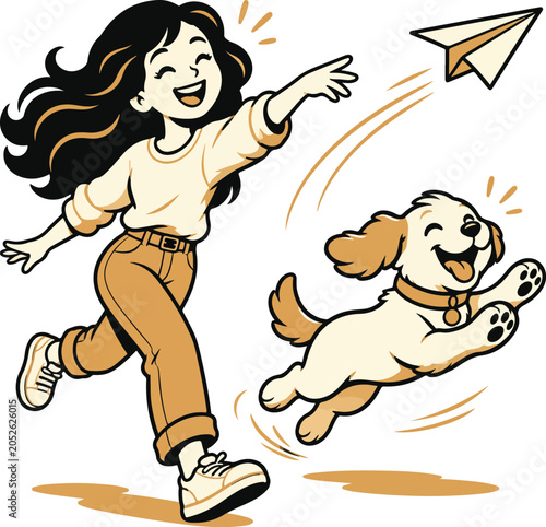 A girl and her dog play with a paper airplane in an outdoor setting, radiating pure joy and carefree fun.