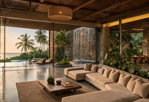 Modern living room interior with sofa, coffee table and tropical garden view