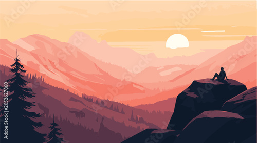 Фотография A solitary figure sits atop a rocky peak, gazing out at a breathtaking mountain vista bathed in the warm, pastel hues of a serene sunrise or sunset