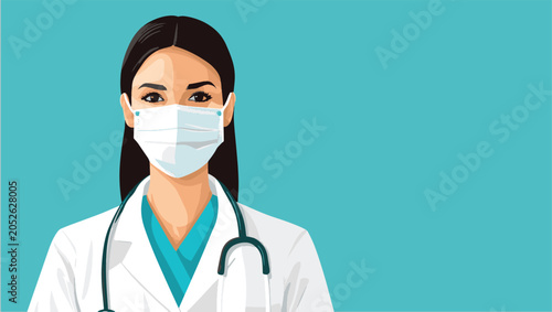 Photos A medical professional, likely a doctor or nurse, wears a surgical mask and stethoscope, her gaze resolute, embodying the dedication and resilience of healthcare workers