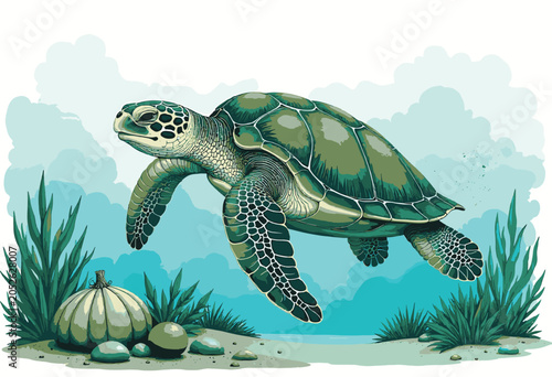 Tableau sur toile A majestic sea turtle glides through clear blue ocean water, its shell intricately patterned, surrounded by lush green seaweed and smooth pebbles on the seabed, with a dreamy, cloudy sky above