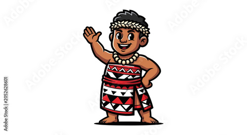 Smiling Pacific Islander cartoon character in traditional dress