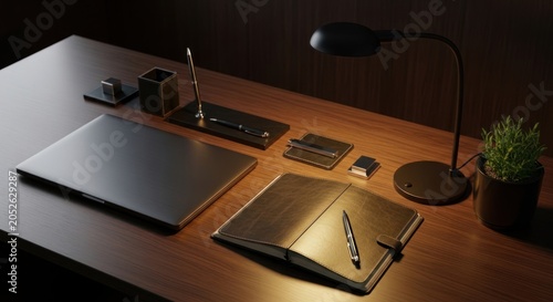 Modern executive desk setup with laptop leather notebook under warm la
