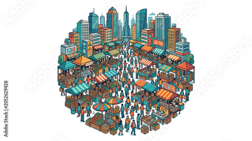 Bild auf Leinwand Bustling City Market Scene With Many People And Buildings.