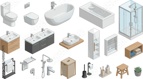 Isometric Bathroom Furniture and Interior Element Set Featuring Modern Bathtub Shower Cabin Sink Vanity Toilet and Domestic Accessories for Interior Design Assets