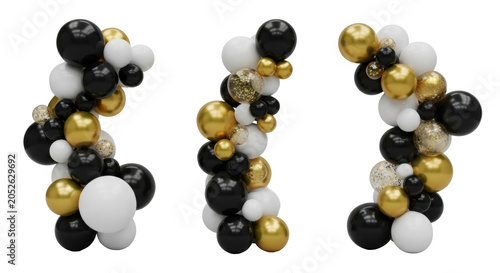 Three luxurious balloon garlands in black, metallic gold, and glossy white, glitter-infused, sharp focus in a bright studio against a seamless gray background, premium celebration concept.