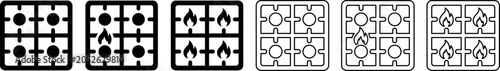 Kitchen stove burners with flame and without flame icons in filled and outlined styles