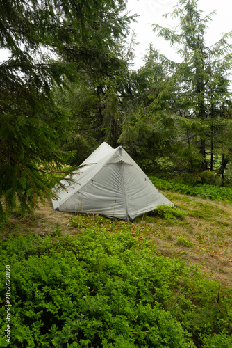 White Tent in a Lush Green Forest in the hiking in the mountains, Carpathian mountain,  pyramid tent, travel, camping and hiking with tents, equipment