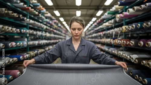 Textile worker inspects the quality of a bolt of gray fabric in a large warehouse filled with shelves of materials.