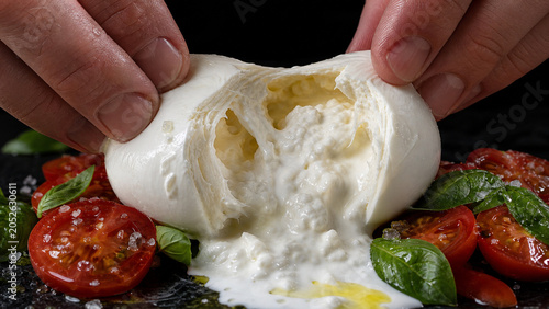 close-up macro of two hands tearing open a fresh burrata cheese ball