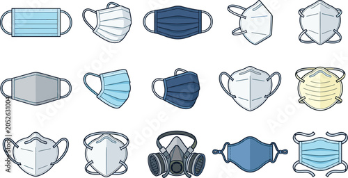 Medical Face Mask and Respirator Icon Set with Protective Surgical, N95, and Gas Masks for Healthcare Safety, Virus Protection, and Industrial Layouts