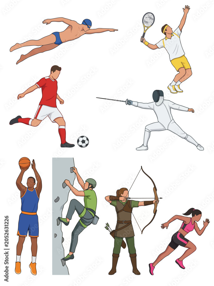 Fototapeta premium Active Women Sports and Fitness Illustration Set with Swimming, Weightlifting, Running and Healthy Lifestyle Elements