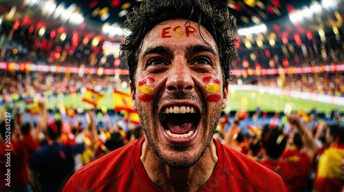 Overjoyed Spanish fan screams in celebration at a soccer match, face painted with national colors.