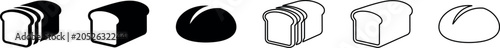 Black and white bread loaf and sliced bread icons in flat and outline style