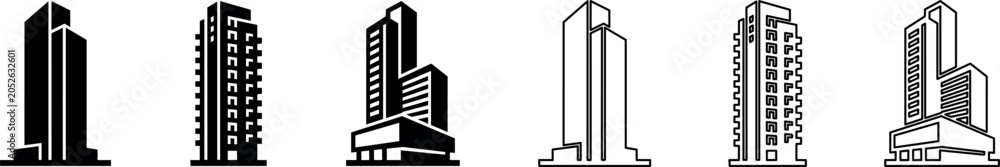 Obraz premium Modern high-rise building icons with solid and outline styles