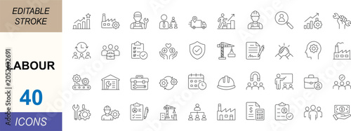 Labour line icon set. Featuring workforce, employment, safety and industrial work concepts. Clean vector set for HR, business, construction and apps. Editable stroke.