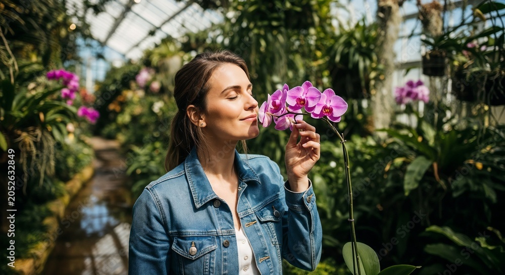 Fototapeta premium Person smelling flowers in conservatory surrounded by vibrant orchids and lush greenery. Smelling flowers brings joy and tranquility in beautiful conservatory setting.