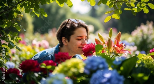 Person smelling flowers in botanical garden surrounded by vibrant blooms and lush greenery. Floral scent brings joy and tranquility while enjoying beautiful day outdoors in nature.