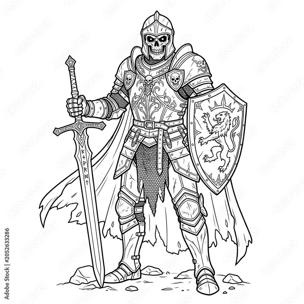 Obraz premium Skeleton Warrior in Armor Holding Sword and Shield Medieval Fantasy Outline Illustration