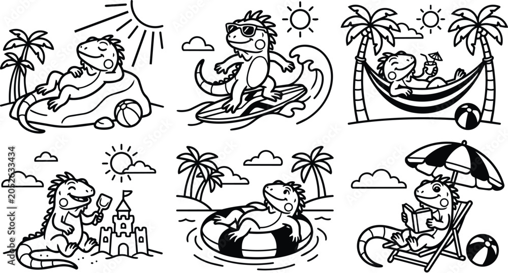 Fototapeta premium Colorful vector beach lizards in playful summer scenes with sun and palm trees