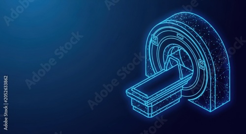 Futuristic MRI scanner glowing with blue neon lines on a dark abstract background representing medical technology and diagnostics