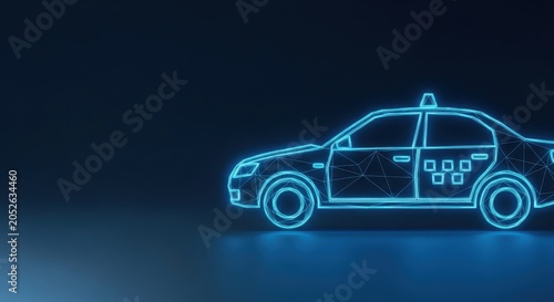 Futuristic Neon Blue Taxi Car Wireframe Design Concept Glowing Against Dark Background