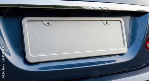 Close up blank white license plate on blue car