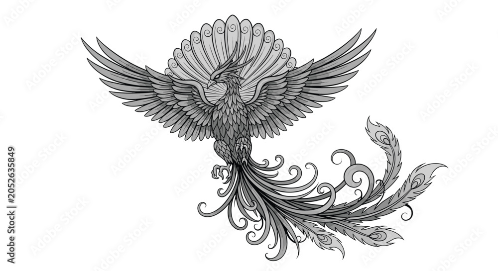 Fototapeta premium Mythological phoenix bird illustration in detailed black and white etching style with spread wings and ornate tail feathers.