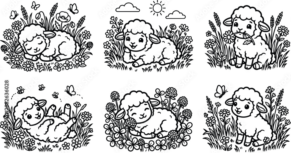 Obraz premium lambs in meadow line art vector