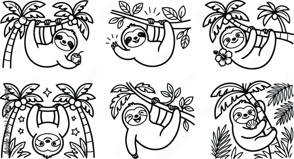 Fototapeta premium Sloth hanging from palm tree in line art style illustration black and white