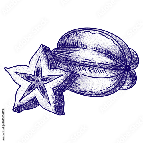 Foto Ink textured drawing of whole and star sliced carambola fruit on transparent background