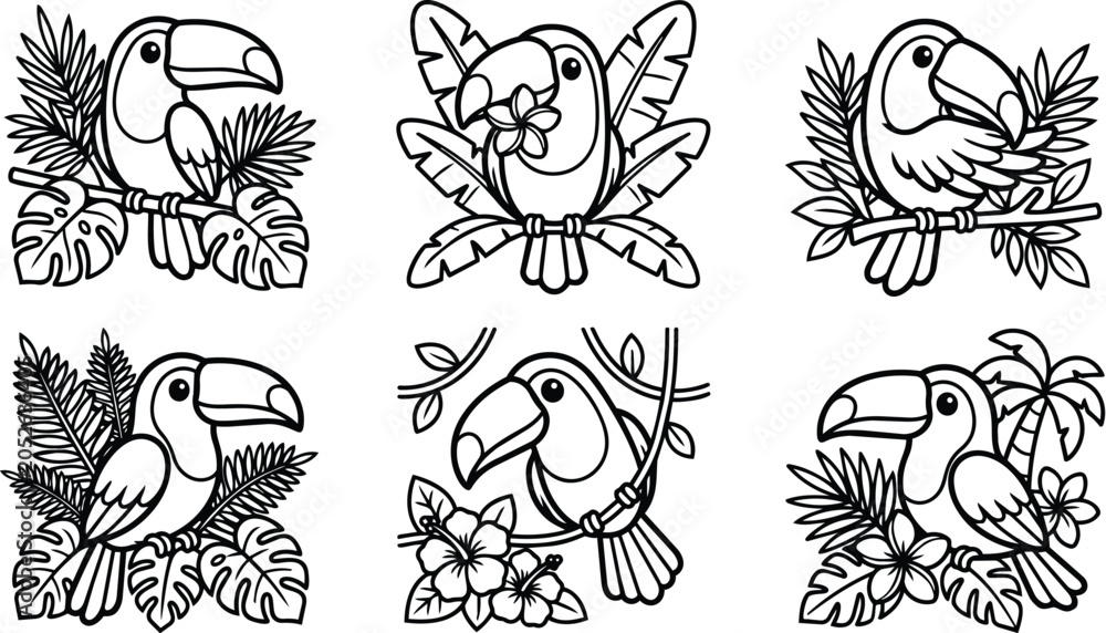 Fototapeta premium toucans line art on tropical leaves vector illustration black and white collection