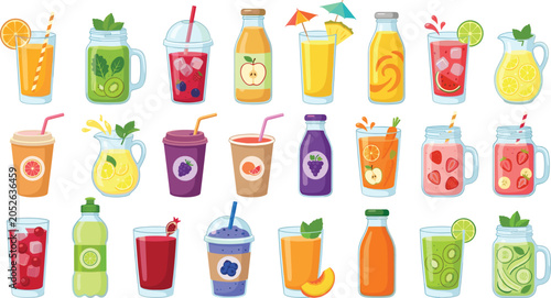 Fresh Fruit Smoothie and Juice Vector Element Set Featuring Healthy Organic Drinks Mocktails Beverages and Refreshing Cocktails in Bottles Glasses and Jars