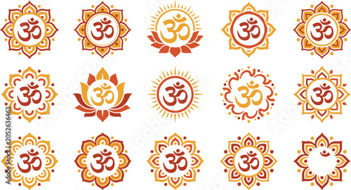Photos Spiritual Om Symbol Icon Set Featuring Decorative Mandalas Lotus Flowers and Sun