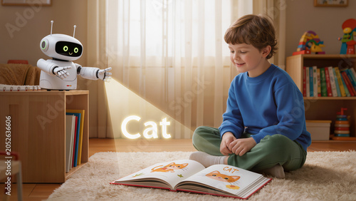 White boy learning word cat with robot teacher. Vocabulary reading lesson. Early literacy assistant.