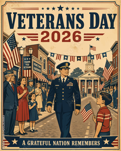 Photos Vintage Veterans Day 2026 Main Street Celebration Poster, American Veterans Day