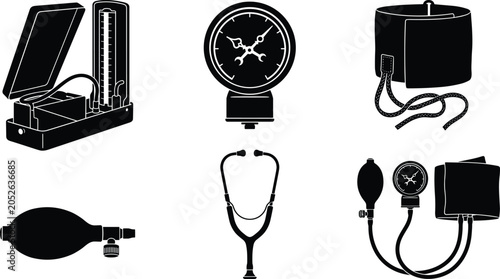 Tableau sur toile Manual Blood Pressure Measurement and Sphygmomanometer Icon Set with Aneroid Gau