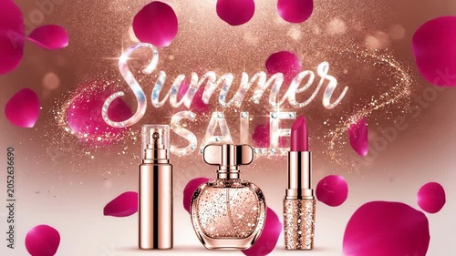 Luxury summer sale promotion with rose gold cosmetics