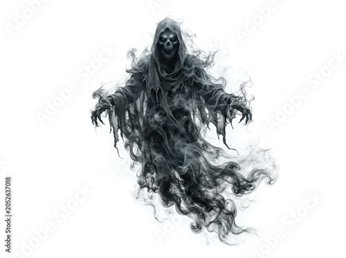 A spectral figure, resembling Death, floats ominously against a stark white background. The figure is shrouded in dark smoke and a flowing, tattered robe, with long, skeletal hands outstretched.