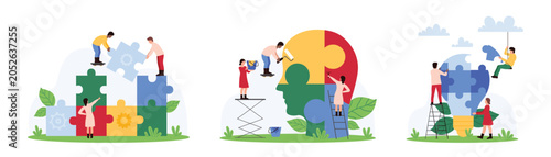 Cooperation in solving problem of personality and idea development set. Tiny team of people connect puzzle pieces to light bulb and human head together, build partnership cartoon vector illustration