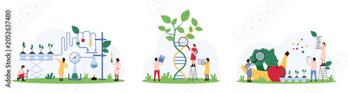 Food quality analysis, genetic and chemical research set. Tiny people with magnifying glass control fruits and vegetables, study DNA, grow agriculture plants in laboratory cartoon vector illustration