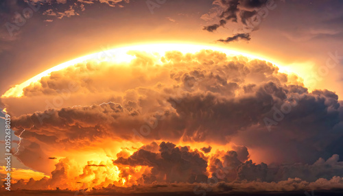 White hot sun blazing through fiery summer clouds
