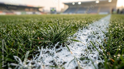 Close-up of a white line on a dew-covered green grass sports field with a blurred stadium in the background, suggesting an early morning game.