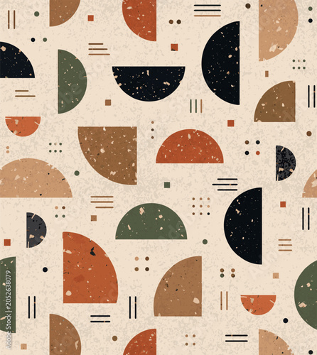 Foto Seamless mid-century modern geometric pattern featuring retro arches, abstract shapes, terrazzo texture, dots, lines,  minimalist decorative elements